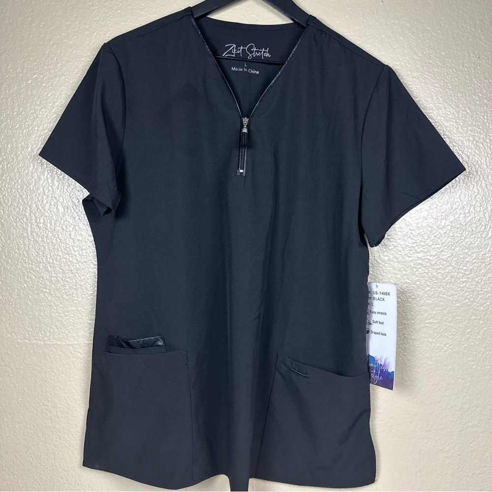 Zikit Stretch Black Sz L Scrub Top  Tassel Zipper Pockets‎ Business Faux Leather